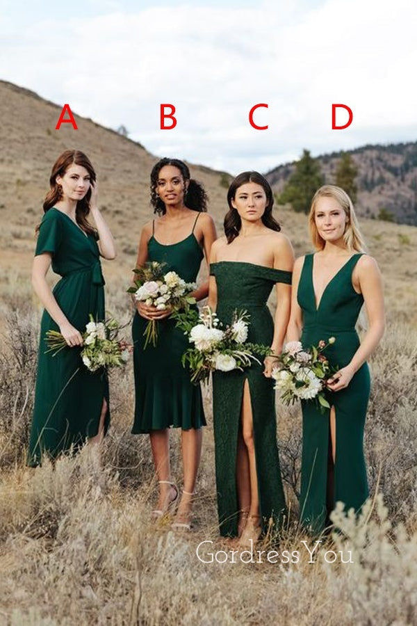 Mismatched Dark Green Mermaid Cheap Long Bridesmaid Dresses , GRB0007