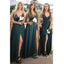 Deep V-neck Spaghetti Straps High Slit Long Bridesmaid Dresses , GRB0008