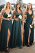 Deep V-neck Spaghetti Straps High Slit Long Bridesmaid Dresses , GRB0008