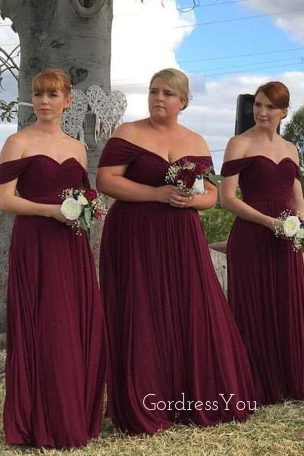 A-line Burgundy Off Shoulder Long Bridesmaid Dresses , GRB0009