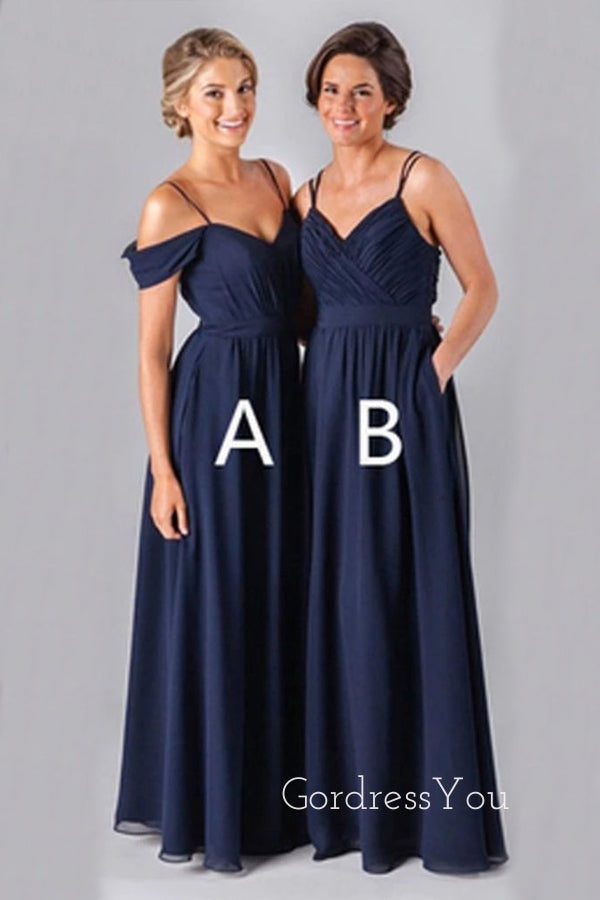 Mismatched A-line Navy Blue Chiffon Spaghetti Straps Cheap Long Bridesmaid Dresses , GRB0010