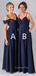 Mismatched A-line Navy Blue Chiffon Spaghetti Straps Cheap Long Bridesmaid Dresses , GRB0010