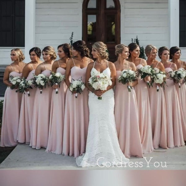 Popular Pink Spaghetti Straps A-line Long Bridesmaid Dresses , GRB0012