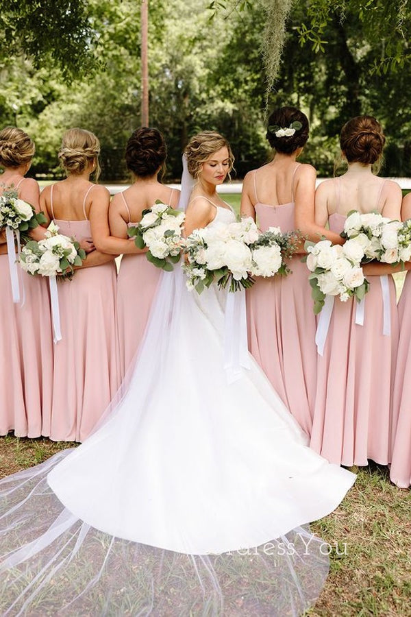 Popular Pink Spaghetti Straps A-line Long Bridesmaid Dresses , GRB0012