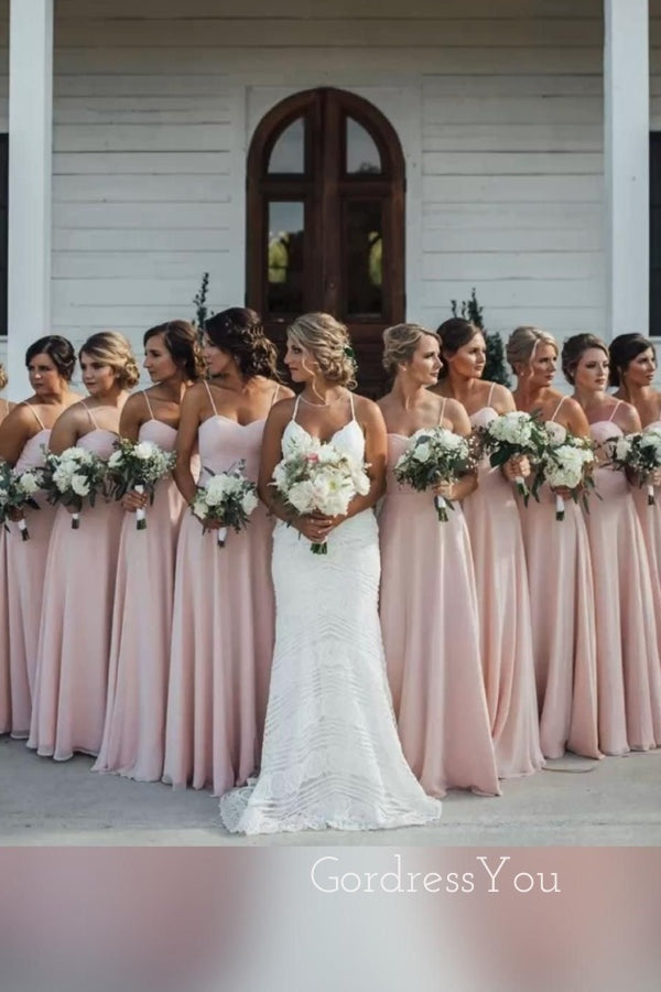 Popular Pink Spaghetti Straps A-line Long Bridesmaid Dresses , GRB0012