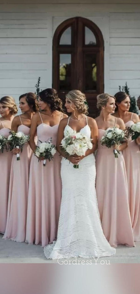 Popular Pink Spaghetti Straps A-line Long Bridesmaid Dresses , GRB0012