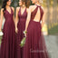 A-line Burgundy Chiffon V-neck Long Bridesmaid Dresses , GRB0013