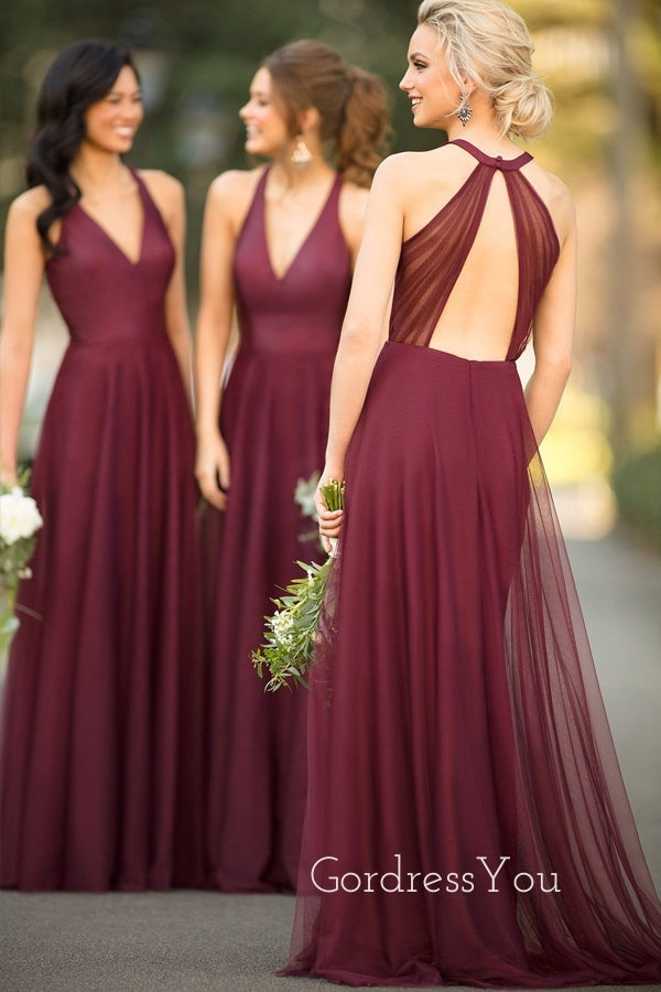 A-line Burgundy Chiffon V-neck Long Bridesmaid Dresses , GRB0013