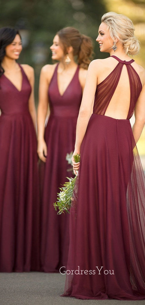 A-line Burgundy Chiffon V-neck Long Bridesmaid Dresses , GRB0013