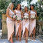 Simple One Shoulder Satin Mermaid Side Slit Long Bridesmaid Dresses , GRB0014