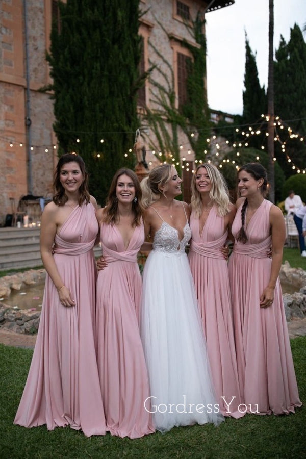 Mismatched Pink A-line Long Bridesmaid Dresses , GRB0015