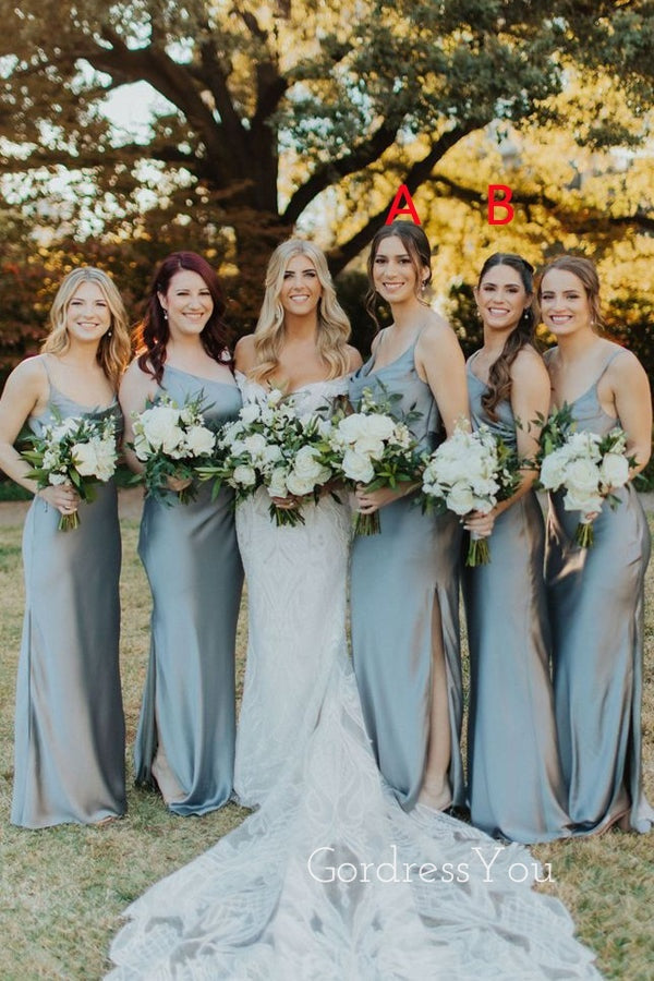 Mismatched Silver Grey Satin Spaghetti Straps Long Bridesmaid Dresses , GRB0016 Mismatched Silver Grey Satin Spaghetti Straps Long Bridesmaid Dresses , GRB0016