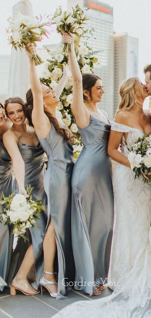 Mismatched Silver Grey Satin Spaghetti Straps Long Bridesmaid Dresses , GRB0016