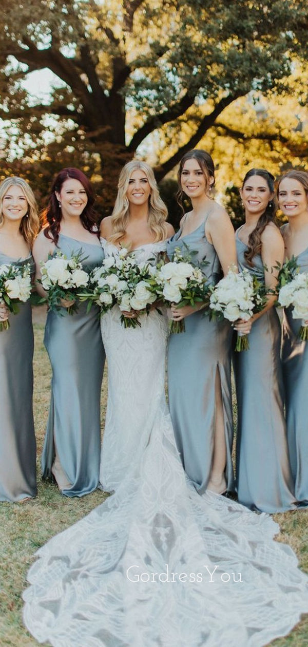 Mismatched Silver Grey Satin Spaghetti Straps Long Bridesmaid Dresses GordressYou Mismatched Silver Grey Satin Spaghetti Straps Long Bridesmaid Dresses GordressYou