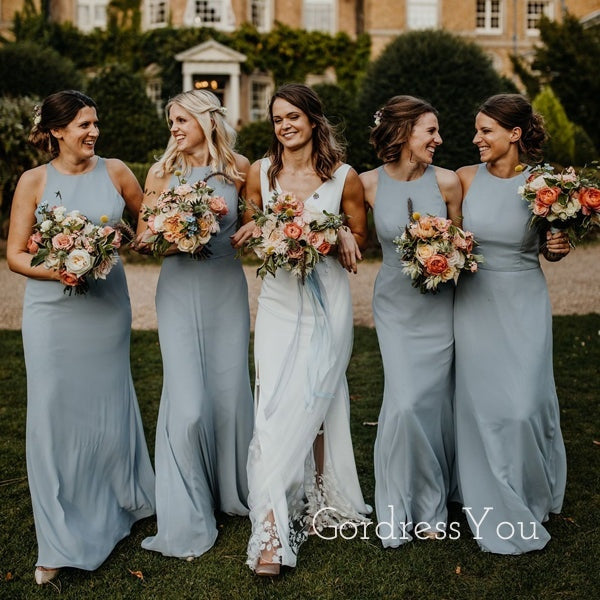 Formal Dusty High-neck Long Bridesmaid Dresses , GRB0017