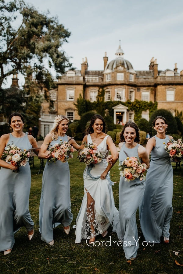 Formal Dusty High-neck Long Bridesmaid Dresses , GRB0017