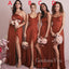 Mismatched Dark Red Satin A-line High Slit Long Bridesmaid Dresses , GRB0018