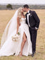 Gorgeous White Satin A-line Strapless High Slit Long Wedding Dresses, Sweetheart Ball Gown, GRB0019