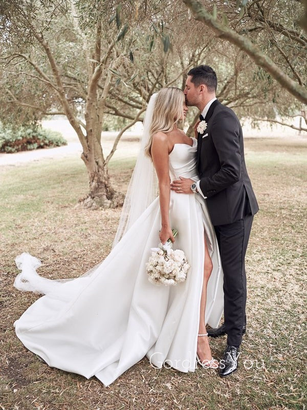 Gorgeous White Satin A-line Strapless High Slit Long Wedding Dresses, GordressYou Gorgeous White Satin A-line Strapless High Slit Long Wedding Dresses, GordressYou