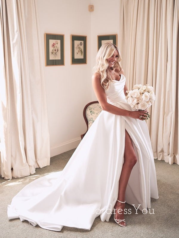 Gorgeous White Satin A-line Strapless High Slit Long Wedding Dresses, GordressYou Gorgeous White Satin A-line Strapless High Slit Long Wedding Dresses, GordressYou