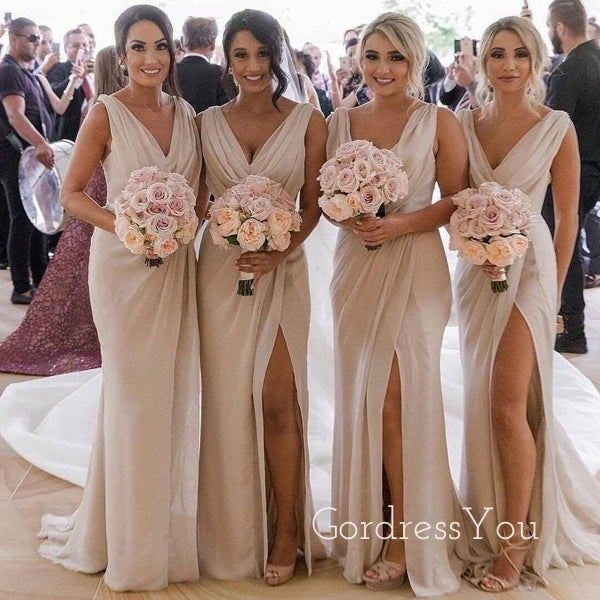 Simple Chiffon V-neck Side Slit Long Bridesmaid Dresses , GRB0021