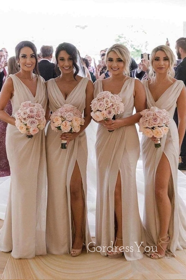 Simple Chiffon V-neck Side Slit Long Bridesmaid Dresses , GRB0021