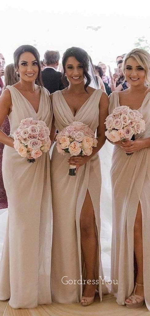 Simple Chiffon V-neck Side Slit Long Bridesmaid Dresses , GRB0021