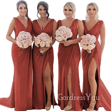 Gorgeous V-neck Chiffon High Slit Long Bridesmaid Dresses , GRB0022