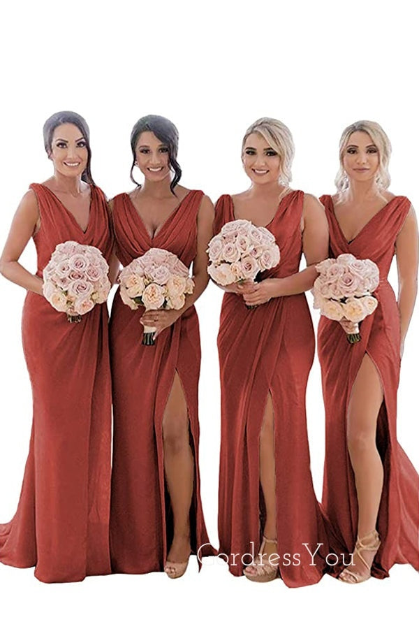 Gorgeous V-neck Chiffon High Slit Long Bridesmaid Dresses , GRB0022