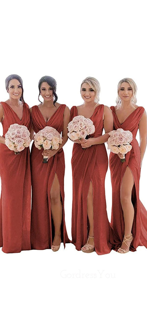 Gorgeous V-neck Chiffon High Slit Long Bridesmaid Dresses , GRB0022