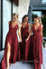 A-line Burgundy Jersey V-neck Long Bridesmaid Dresses , GRB0024