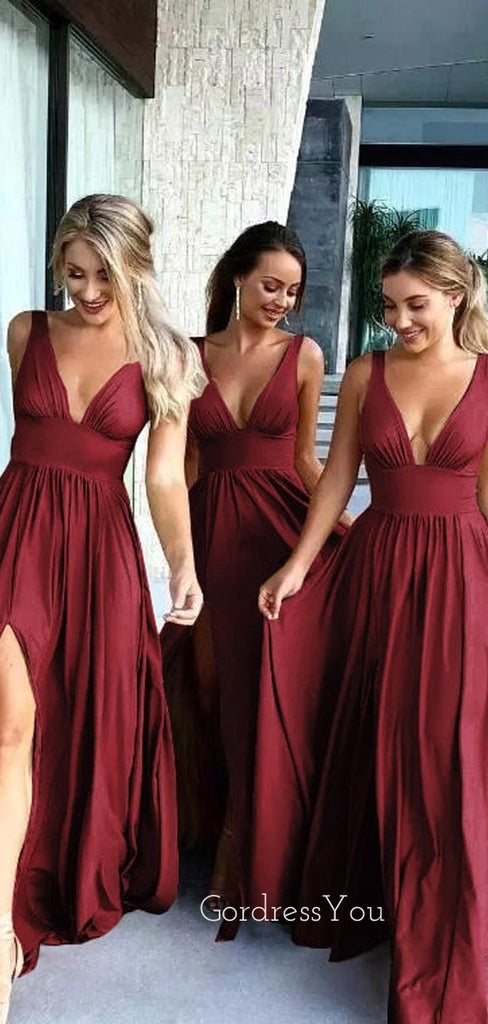 A-line Burgundy Jersey V-neck Long Bridesmaid Dresses , GRB0024