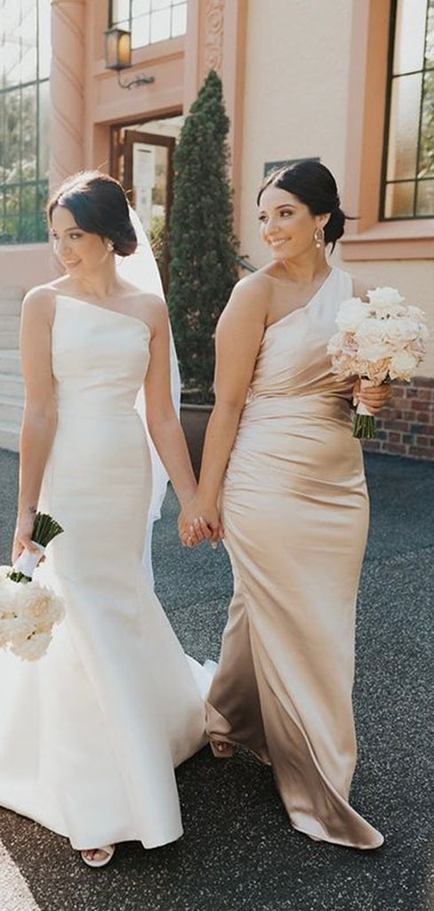 Gorgeous Mermaid Champagne Satin One Shoulder Long Custom Bridesmaid Dresses , GRB0026