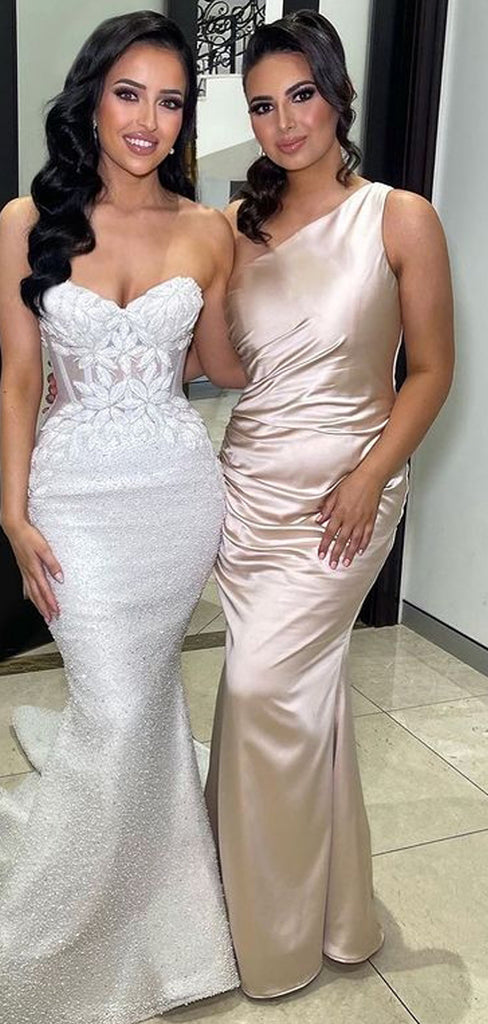 Gorgeous Mermaid Champagne Satin One Shoulder Long Custom Bridesmaid Dresses , GRB0026