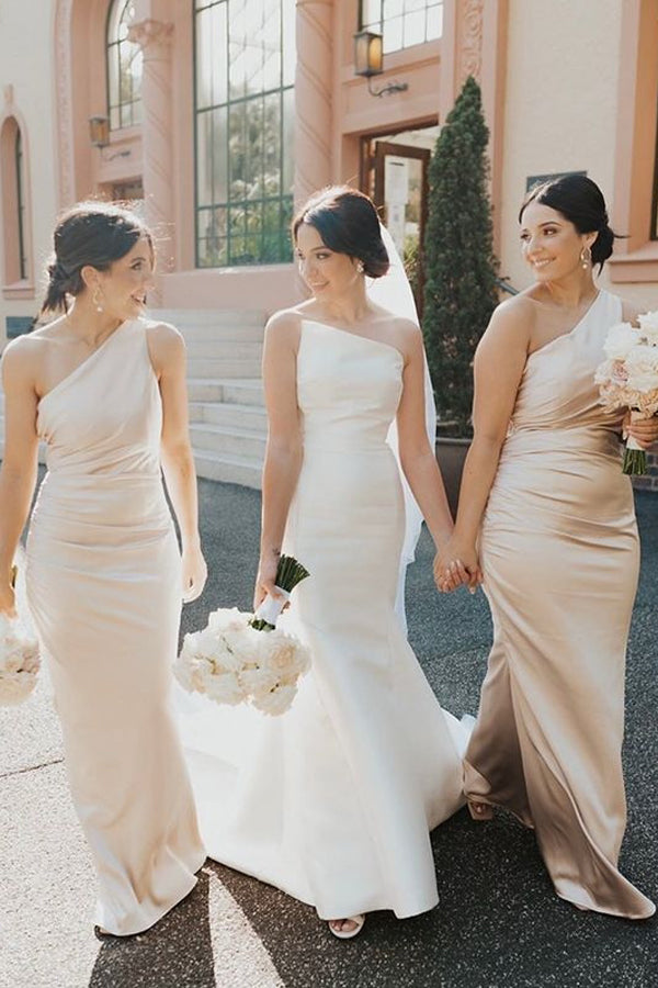 Gorgeous Mermaid Champagne Satin One Shoulder Long Custom Bridesmaid Dresses , GRB0026