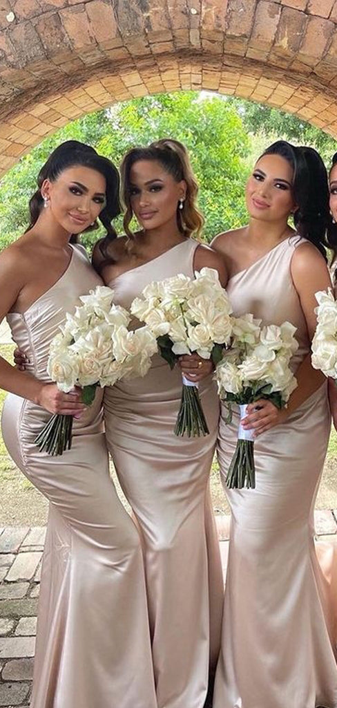 Gorgeous Mermaid Champagne Satin One Shoulder Long Custom Bridesmaid Dresses , GRB0026