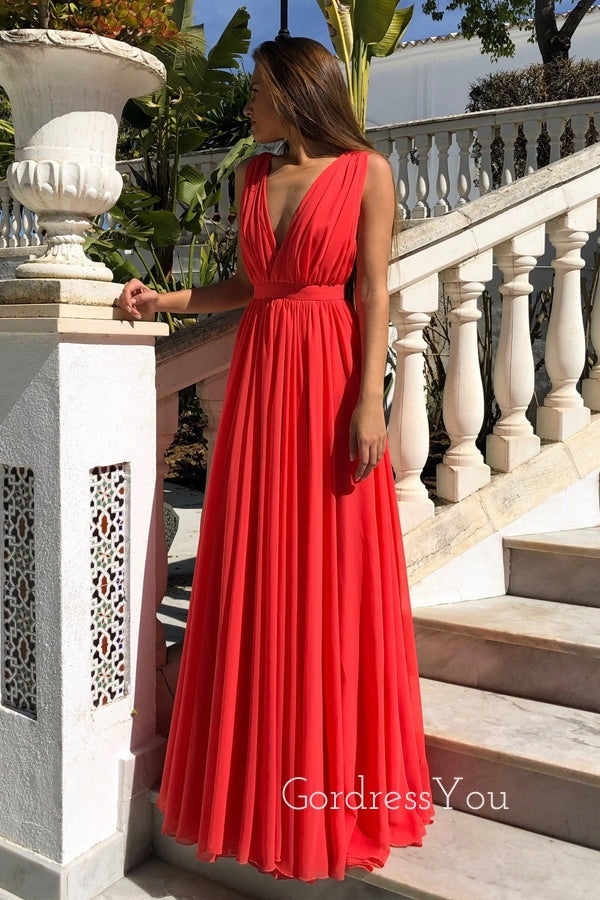 Simple Red Chiffon A-line Long Custom V-neck Bridesmaid Dresses , GRB0029