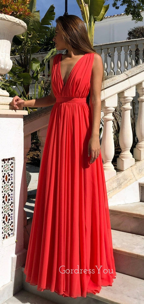 Simple Red Chiffon A-line Long Custom V-neck Bridesmaid Dresses , GRB0029