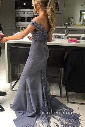Off Shoulder Grey Appliques Mermaid Long Custom Bridesmaid Dresses , GRB0031