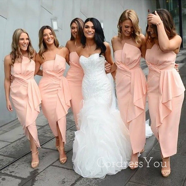 Peach Strapless Long Custom Mermaid Bridesmaid Dresses, Short Bridesmaid Dress, GRB0035