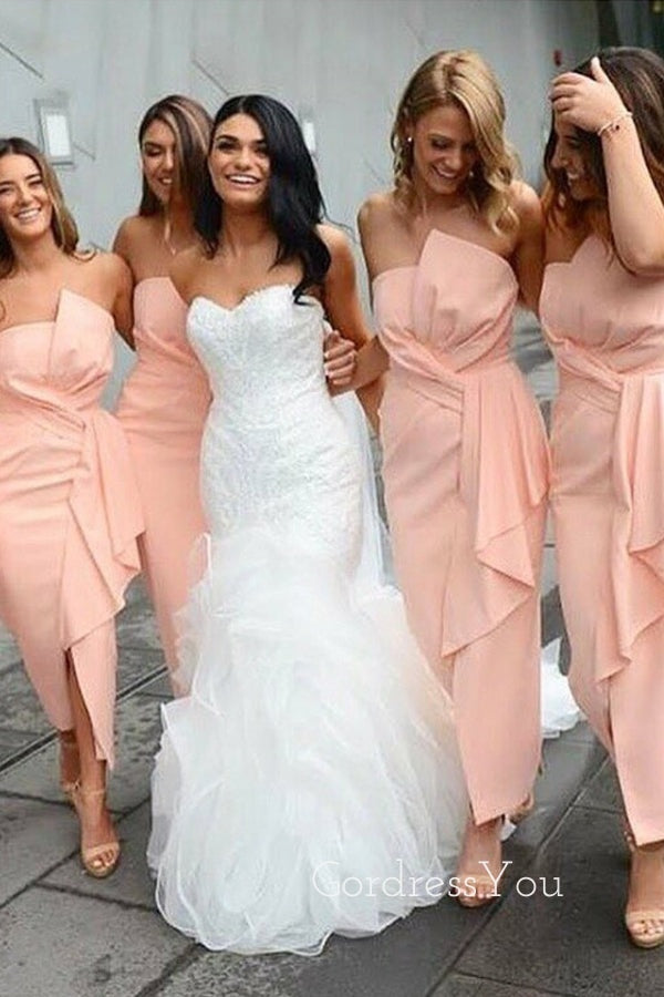 Peach Strapless Long Custom Mermaid Bridesmaid Dresses, Short Bridesmaid Dress, GRB0035