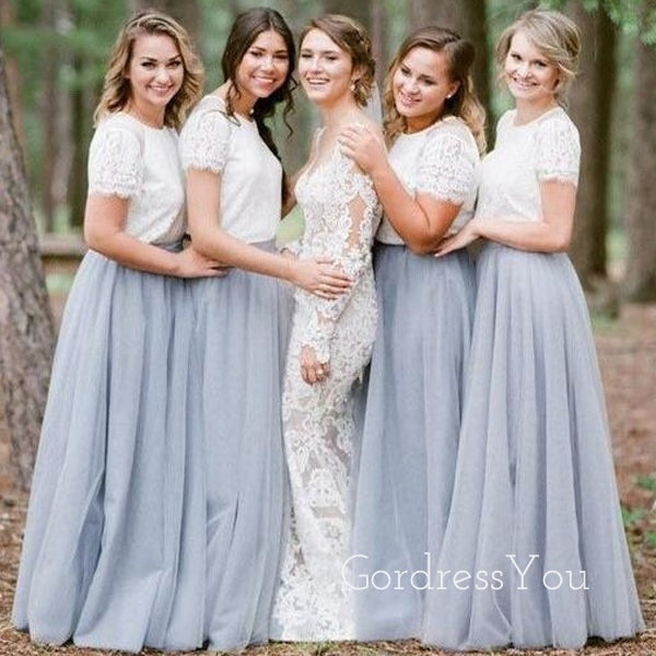 A-line Grey Tulle White Lace Short Sleeves Long Bridesmaid Dresses , GRB0039