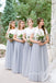 A-line Grey Tulle White Lace Short Sleeves Long Bridesmaid Dresses , GRB0039