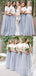 A-line Grey Tulle White Lace Short Sleeves Long Bridesmaid Dresses , GRB0039