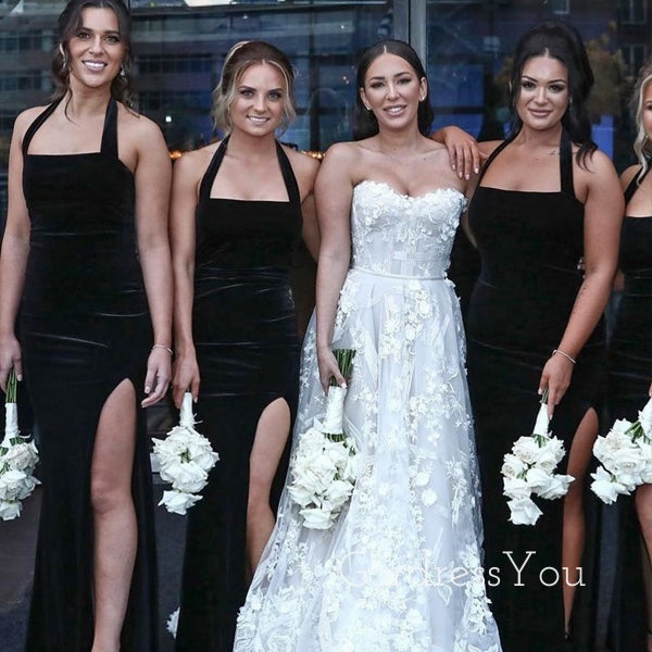 Elegant Black Velvet Mermaid Straps Long Custom Side Slit Bridesmaid Dresses, GRB0044