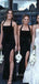 Elegant Black Velvet Mermaid Straps Long Custom Side Slit Bridesmaid Dresses, GRB0044