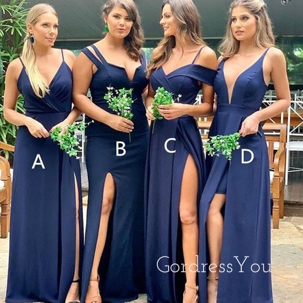 Mismatched Navy Blue Side Slit Cheap Long Custom Bridesmaid Dresses , GRB0047