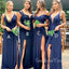 Mismatched Navy Blue Side Slit Cheap Long Custom Bridesmaid Dresses , GRB0047