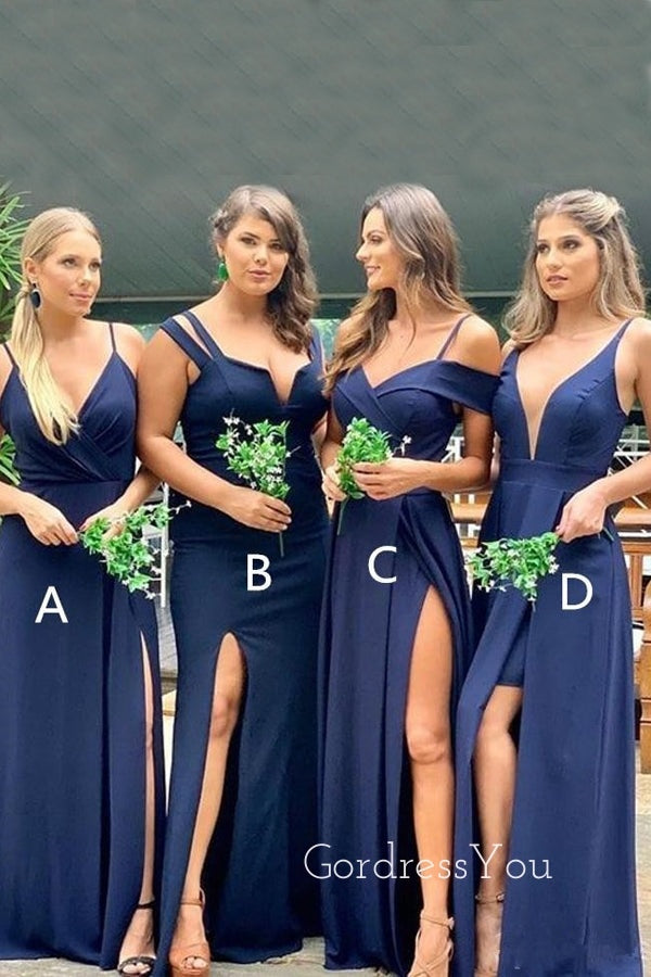 Mismatched Navy Blue Side Slit Cheap Long Custom Bridesmaid Dresses , GRB0047