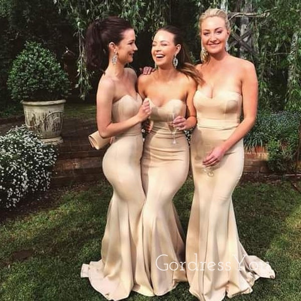 Sweetheart Gold Mermaid Strapless Cheap Long Custom Bridesmaid Dresses, GRB0051